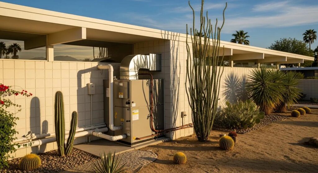 Coachella Valley home prepped for winter heating with furnace visible