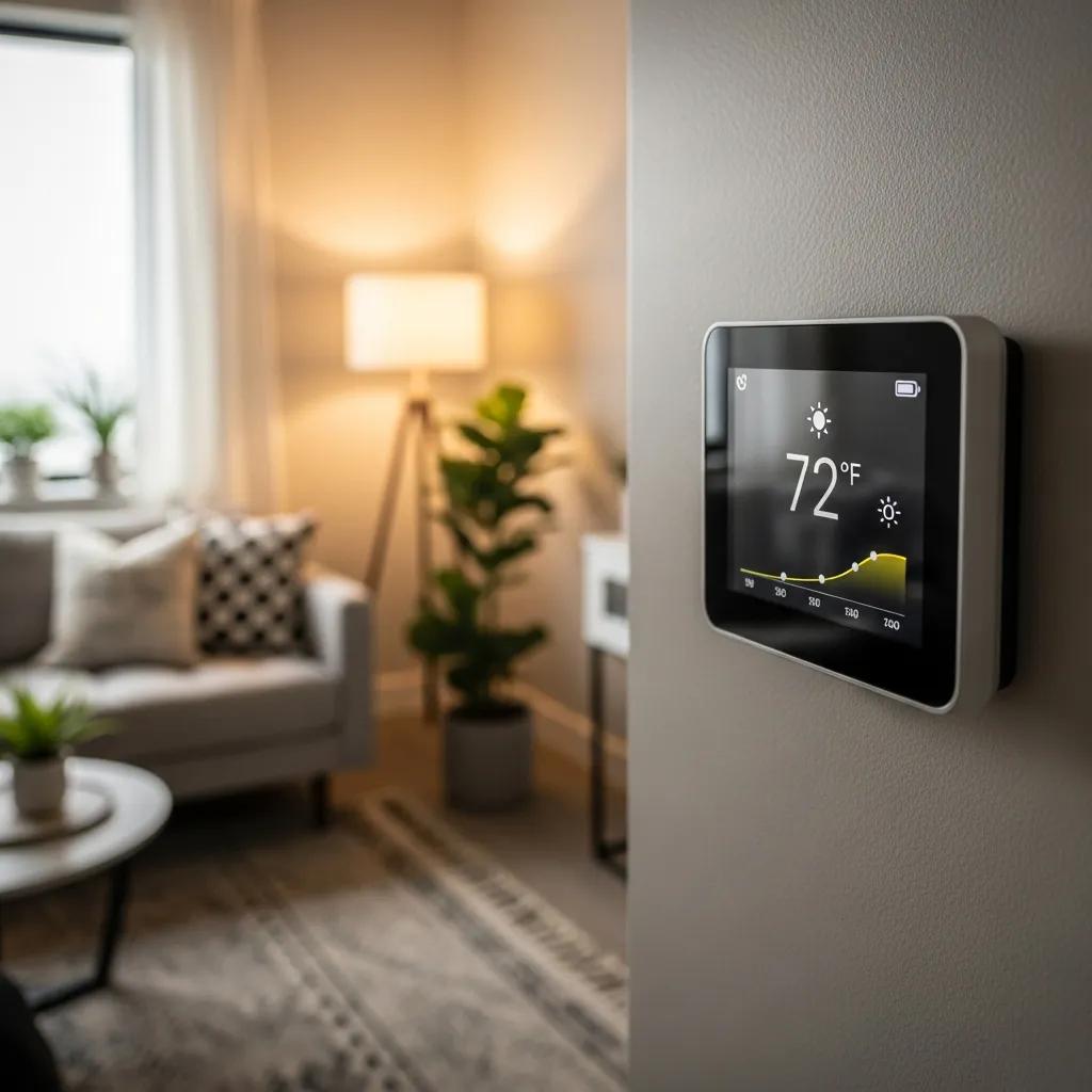 Smart thermostat mounted on a living room wall showing energy-saving schedule