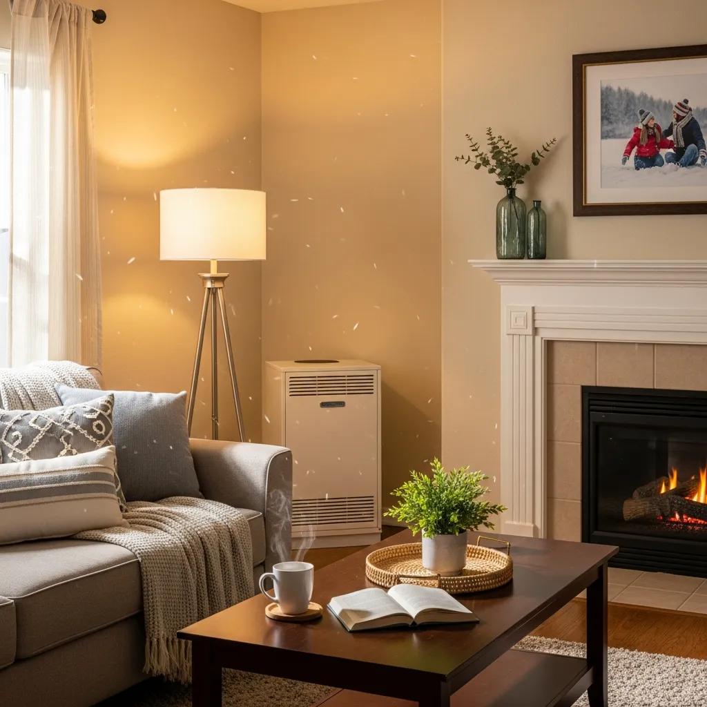 Cozy living room with a well-maintained furnace, emphasizing winter heating safety and comfort
