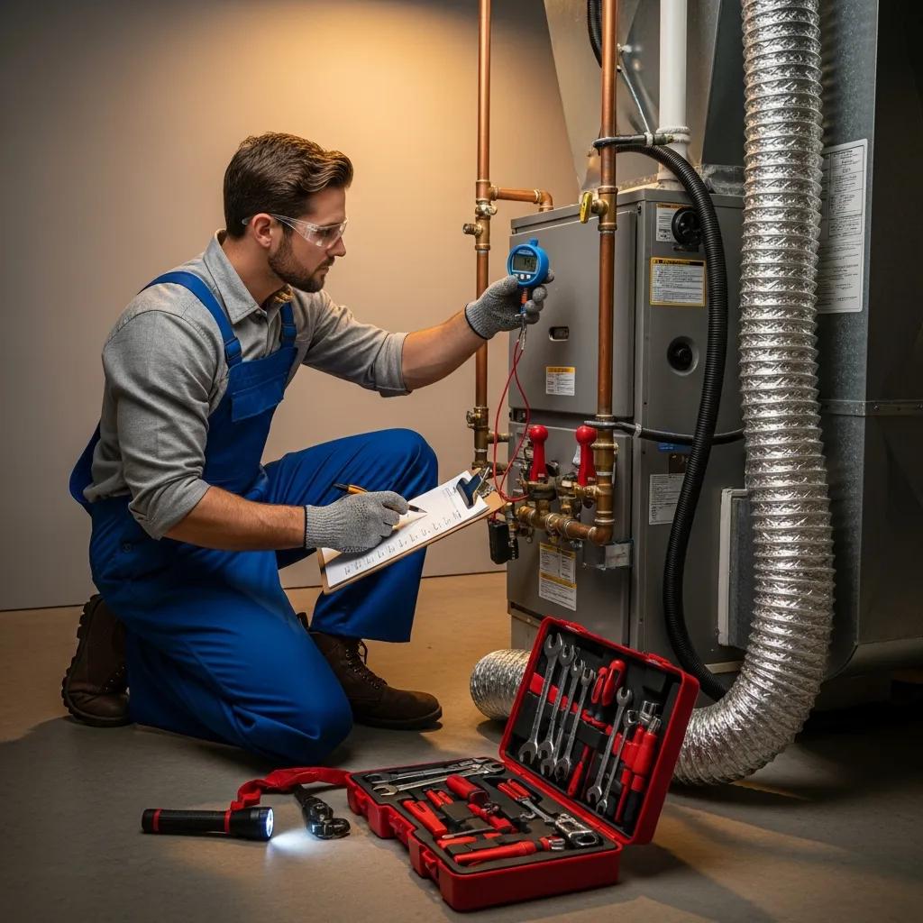 HVAC technician examining a furnace to verify safety and proper operation