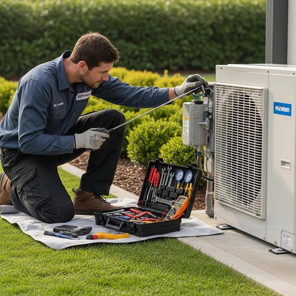 Technician performing a seasonal heat pump inspection outdoors
