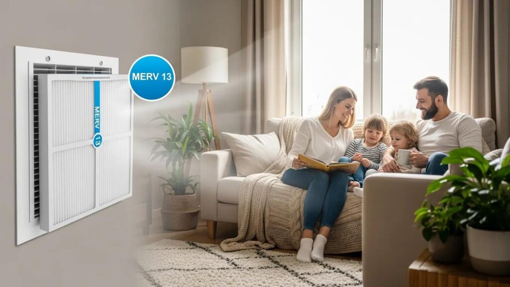 Guide to Choosing the Right HVAC Air Filter 2 Family enjoying clean air in a cozy living room with an HVAC air filter in the background